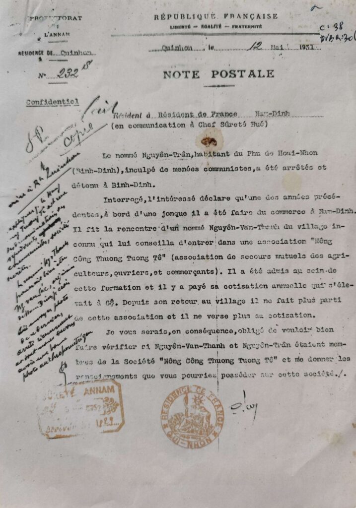 Báo cáo Công sứ Quy Nhơn ngày 1251931 về nội dung hỏi cung Đc Nguyễn Trân