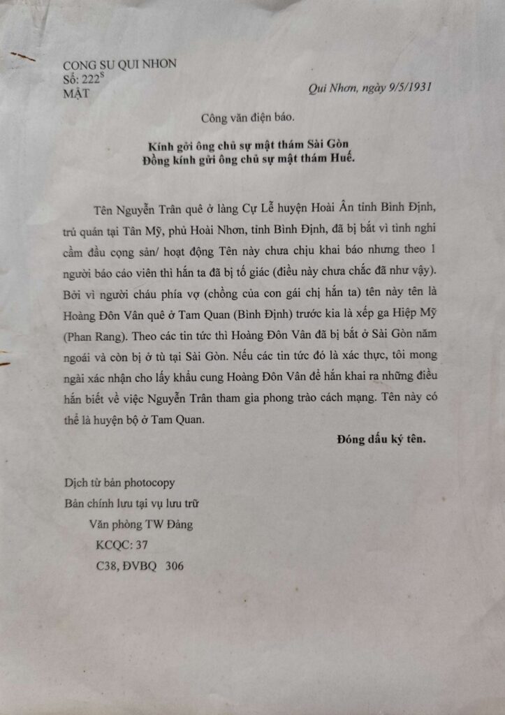 Báo cáo Công sứ Quy Nhơn ngày 951931 về việc bắt Đc Nguyễn Trân
