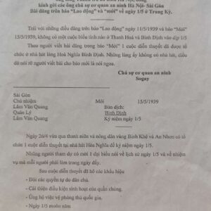 Báo cáo của Công sứ Quy Nhơn về cuộc đấu tranh nhân ngày quốc tế lao động 15 tại các địa phương trong tỉnh Bình Định