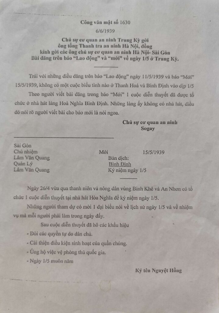 Báo cáo của Công sứ Quy Nhơn về cuộc đấu tranh nhân ngày quốc tế lao động 15 tại các địa phương trong tỉnh Bình Định