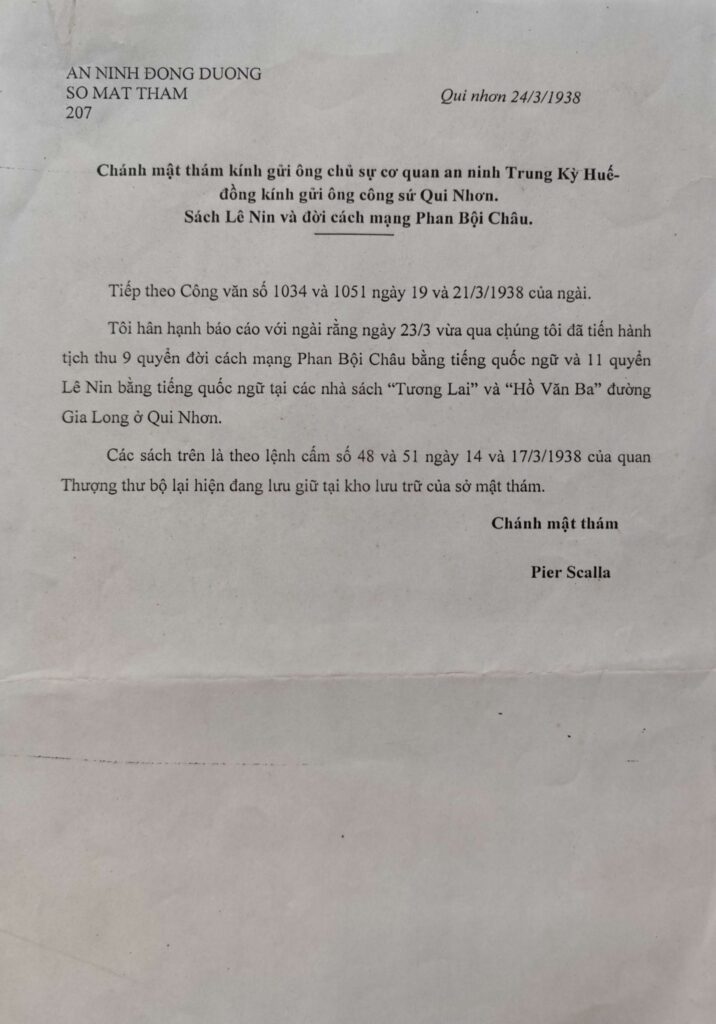 Báo cáo của Sở Mật thám Pháp ngày 2431938 về việc tịch thu các Tài liệu Lê Nin và Hồ Văn Ba tại Quy Nhơn