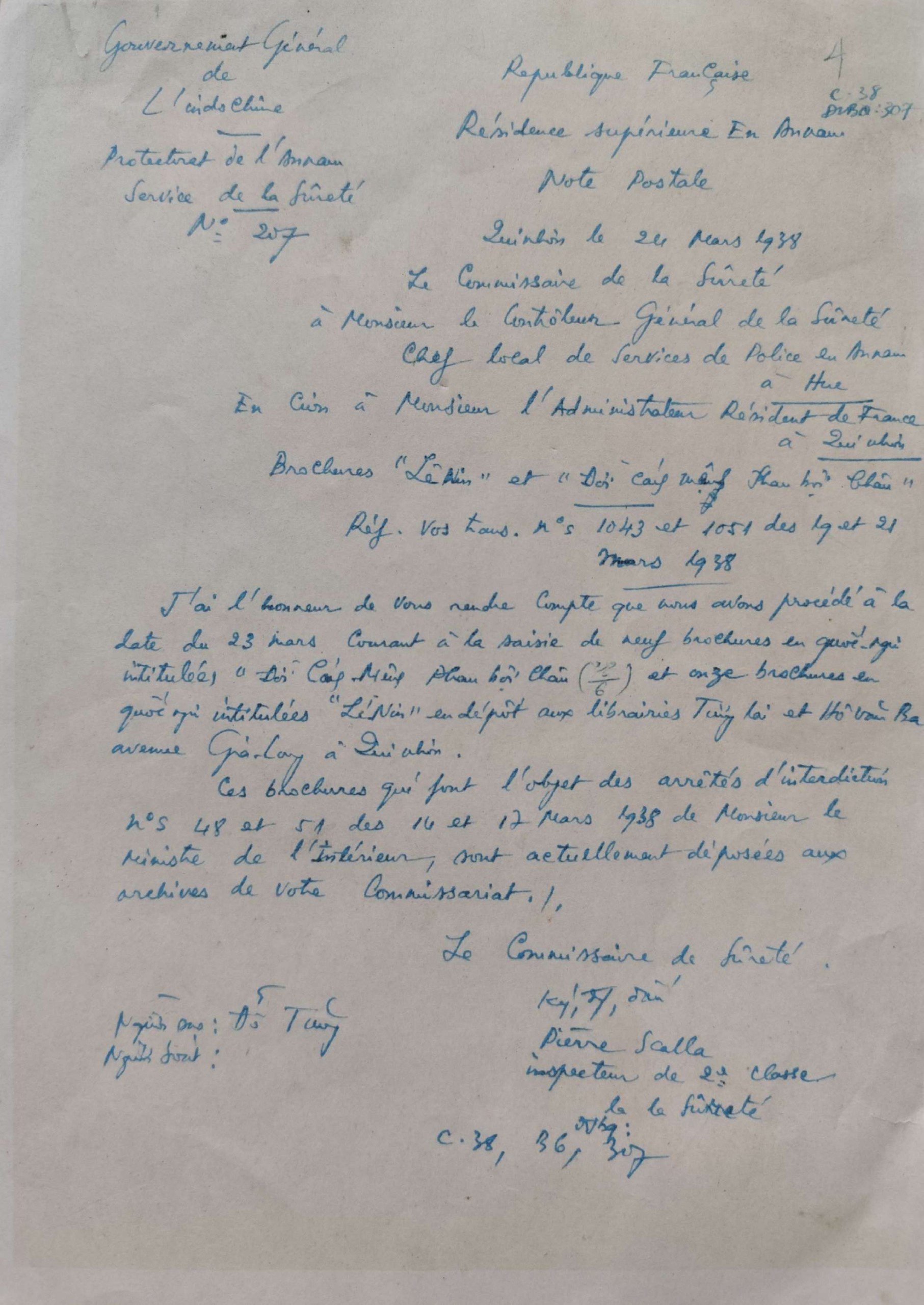 Báo cáo của Sở Mật thám Pháp ngày 2431938 về việc tịch thu các Tài liệu Lê Nin và Hồ Văn Ba tại Quy Nhơn
