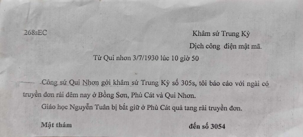 Báo cáo của Sở Mật thám Pháp ngày 371930 về việc rải truyền đơn ở Bồng Sơn, Phù Cát, Quy Nhơn